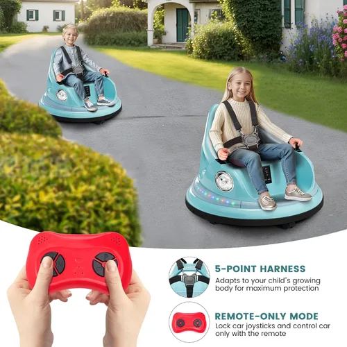 Vista 3 de Coche de parachoques para niños, auto eléctrico de 12 V para niños, auto de choque giratorio de 360° con control remoto para padres, 2 modos de Azul