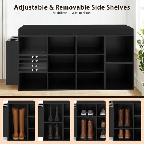 Vista 5 de Tangkula Banco de almacenamiento de zapatos con soporte para paraguas, organizador de zapatos de 40 pulgadas con asiento acolchado, 10 cubos y Negro