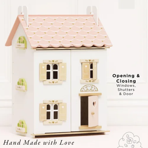 Vista 3 de Le Toy Van – Casa de muñecas de madera en forma de corazón de rosa Juego de casa de muñecas de madera de 3 plantas para niñas y niños - Adecuado