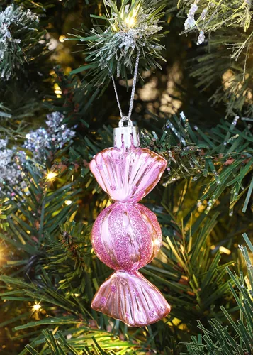 Vista 2 de Christmas Concepts Paquete de 6 bolas con forma de dulce de 3.543 in, decoradas con brillantina, adornos para árbol de Navidad (rosa bebé)