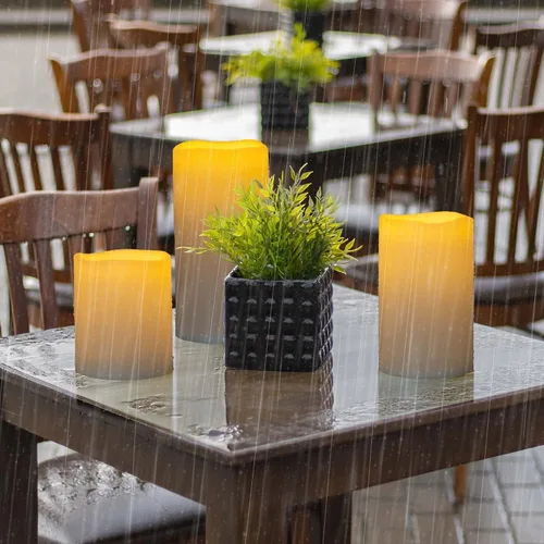Vista 5 de Velas LED sin llama impermeables para exteriores de 6", 8", 10" x 5", que funcionan con baterías, velas tipo pilar parpadeantes LED con control