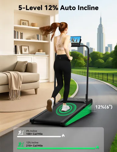 Vista 2 de FelFast Walking Pad Treadmill, 12% 5-Level Auto Incline, 2-in-1 Under Desk Foldable w/Remote Control, 12 HIIT Mode, 265 Lbs, 7.6 MPH Max, Portable