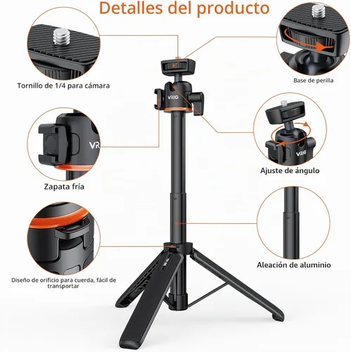 Vista 3 de VRIG Trípode con Palo de Extensión de 21.6", Mini Palo para Selfie Trípode Soporte Mango con Agarre para DJI Osmo Pocket 3, Insta 360 X5 Webcam A0031