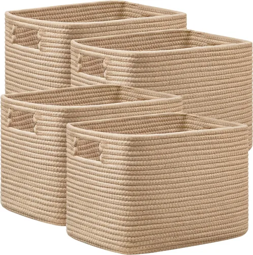 Vista 8 de Paquete de 4 cestas de almacenamiento para organizar, cestas tejidas para estantes, color beige