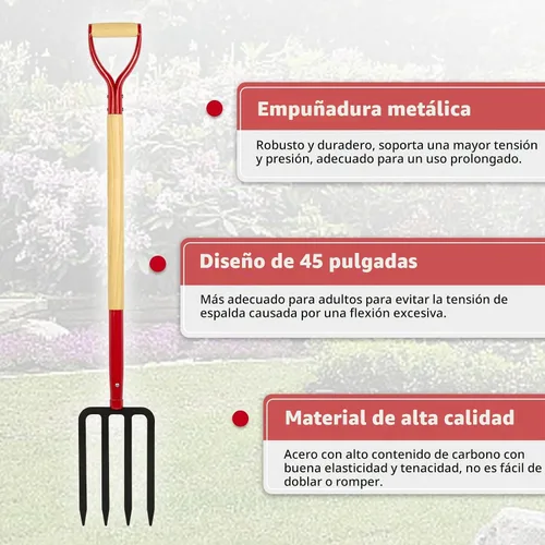 Vista 4 de Tenedor de jardín resistente para excavar, tenedor de 4 dientes para abono de jardinería, tenedor de jardín con mango de madera, 45 pulgadas