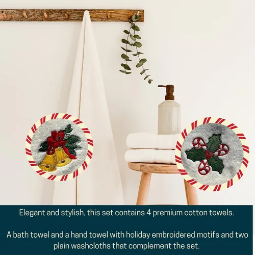 Vista 4 de Juego de toallas navideñas Luzia Color marfil Incluye 1 toalla de baño y 1 toalla de mano con diseños bordados y 2 toallas de baño lisas