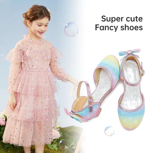 Vista 7 de Sandalias para niñas, tacones cerrados, para boda, fiesta, princesa, lazo con lentejuelas para niños pequeños y grandes