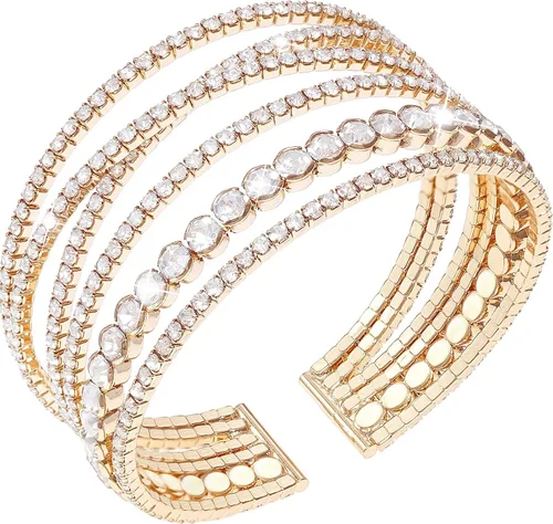 Vista 8 de Suyi Pulsera de Diamantes de Imitación Brazalete Dorado Multicapa para Mujer Pulseras de Cristal Nupciales