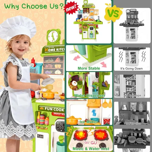 Vista 3 de Juego de cocina para niños Mini juego de cocina para niños con estufa, sonido y luz Juguetes de cocina de simulación para niños de 3, 4, 5 años Verde