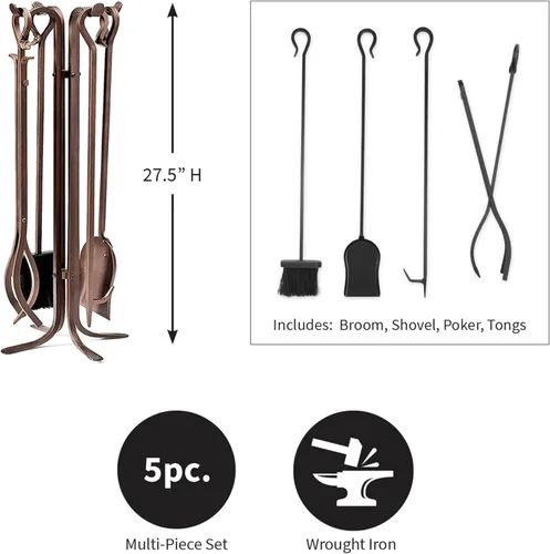 Vista 3 de Plow & Hearth Juego de 5 herramientas de hierro forjado a mano para chimenea de 27.5 pulgadas Mango de hierro forjado de bronce para interiores