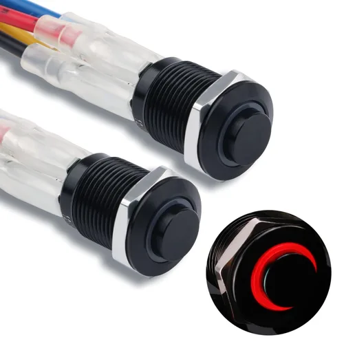 Vista 16 de 2 interruptores de botón de metal con pestillo de 0.472 pulgadas, cabeza elevada de 12 V-24 V, 4 pines de encendido y apagado, 1 no, carcasa negra
