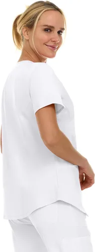 Vista 5 de MediChic Scrubs Top Quirúrgico para Mujer con Cuello en V con Muesca Elástico de Moda con Dos Bolsillos, Tela Flex de Fácil Cuidado Blanco