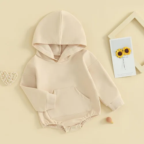 Vista 2 de Ropa de otoño para bebé, niño, niña, sudadera con capucha, mameluco liso de manga larga, ropa de invierno