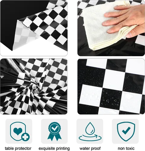 Vista 2 de Oudain 3 piezas de suministros para fiesta de cumpleaños de autos, decoraciones para fiestas de carreras, mantel redondo de carreras con bandera a