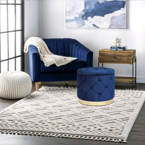Vista 5 de Adeco Otomana redonda de almacenamiento, banco tapizado con botones de terciopelo con tapa extraíble, mesa auxiliar, reposapiés, asiento para sala