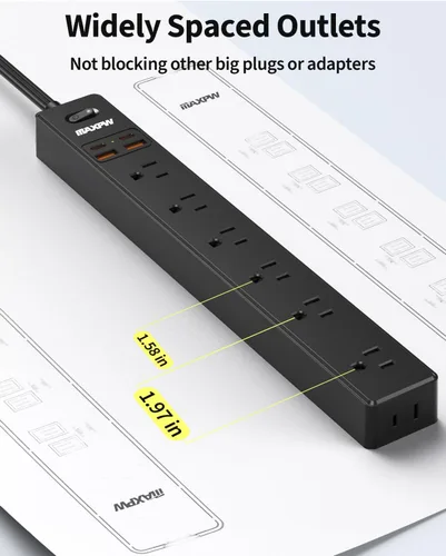 Vista 3 de Regleta protectora de sobretensiones de 10 pies, 7 tomacorrientes, 4 puertos USB (2 USB C), cable de extensión plano ultrafino y enchufe plano, 1700