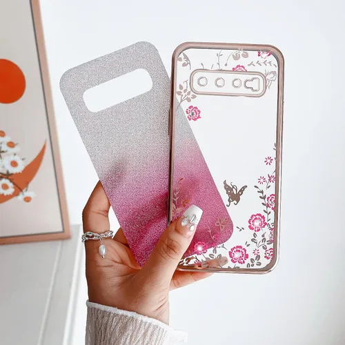 Vista 4 de Funda para Galaxy S10, TPU suave con purpurina, elegante, mariposa, floral, corazón, transparente, funda protectora con correa (oro rosa)