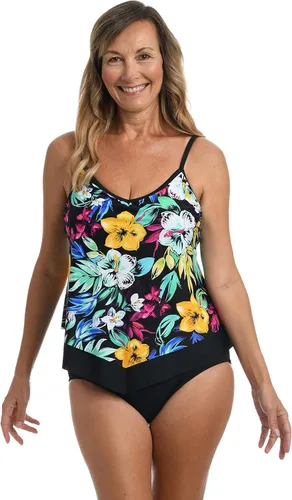 Vista 32 de Maxine of Hollywood Traje de baño tankini con cuello en V para mujer Negro/ Isla Verde