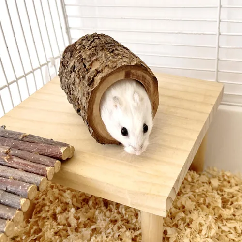 Vista 2 de 3 piezas de juguete de túnel de hámster de madera natural de manzana, escondite de hámster para hámsters, ratones, jerbos, ratas, accesorios