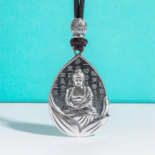 Vista 2 de AnuClub Collar con colgante de escultura de Buda Guanyin de plata de ley S999, amuleto de la suerte, joyería de San Patrono del zodiaco chino