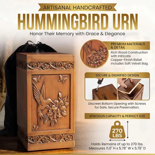 Vista 2 de Urna de cremación grande de madera para cenizas humanas para adultos, colibrí hecha a mano y grabado floral, urna funeraria para madre, padre