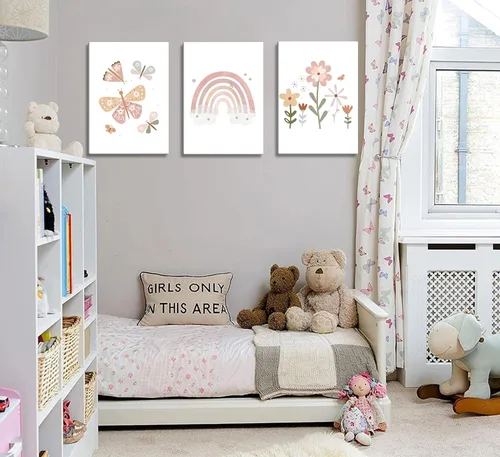 Vista 6 de Lienzo bohemio rosa para cuarto de bebé, arte de pared para habitación de niños, decoración de pared, diseño de flores de mariposa para niños