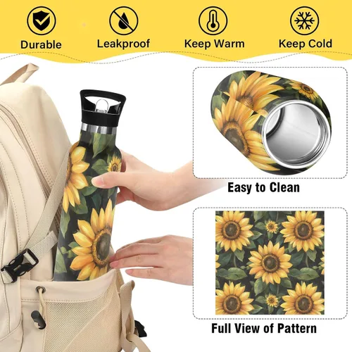 Vista 4 de Trendy Sunflower Oil Painting Style Leak Proof & BPA Free Sports Insulated Water Bottle With Straws Leak-proof Hot & Cold Double Walled for