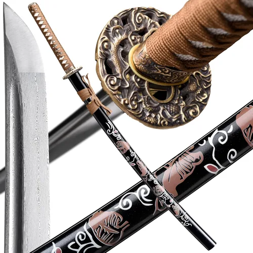 Vista 10 de entez Handcrafted Samurai Katana - Premium Damascus/T10 Clay Tempered Blades - Sharp Functional Japanese Swords, Full Tang