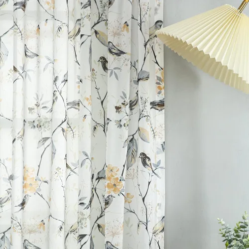 Vista 16 de VOGOL Cortina de ventana estilo campestre, cortinas estampadas con patrón de pájaros y hojas para dormitorio, paneles decorativos con ojales