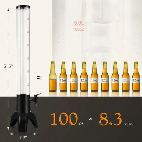 Vista 5 de Mimosa Tower, dispensador de torre de bebidas de 100 oz/3 L con tubo de hielo y luz LED, dispensador de cerveza de mesa (1 unidad)