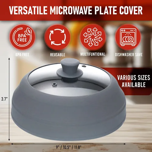 Vista 8 de Javson Cubierta de vidrio para microondas para alimentos, tapa grande de vidrio templado y silicona de 10.8 pulgadas, resistente al calor, protector