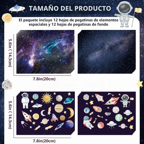 Vista 2 de 24 hojas de calcomanías espaciales para niños, reutilizables, planeta, cohete, estrella, bricolaje, haz tu propio sistema solar, calcomanías