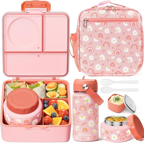 Vista 10 de Fimibuke Caja Bento para niños y adultos – Juego de lonchera Bento de 3 a 4 compartimentos a prueba de fugas con tarro de comida aislado, botella
