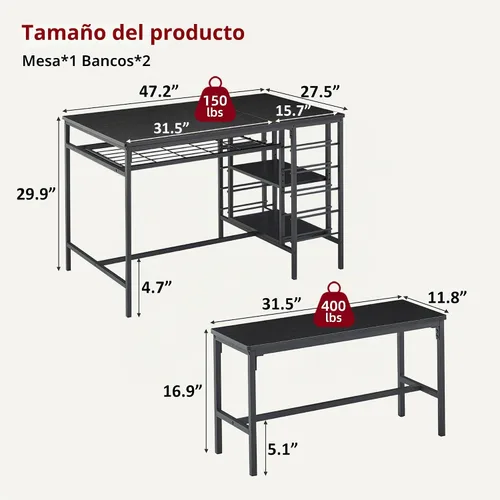 Vista 2 de IDEALHOUSE Juego de mesa de comedor para 4, juego de mesa de cocina para 4 con 2 bancos, juego de mesa de comedor rectangular con estante para Negro