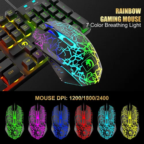 Vista 7 de Combo de teclado y mouse con cable para juegos, teclado con retroiluminación LED arcoíris, auriculares sobre la oreja con micrófono, mouse