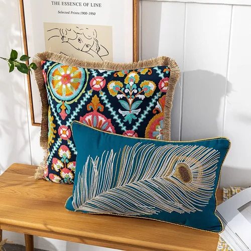 Vista 6 de Fundas de almohada de algodón y lino con plumas de pavo real bordadas, funda de almohada personalizada con cremallera (plumas, 12 x 20 pulgadas)