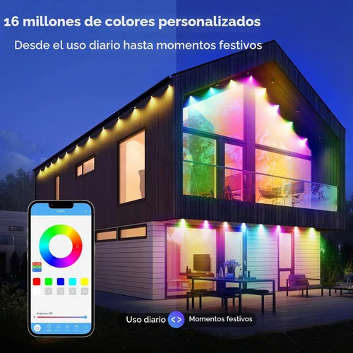 Vista 3 de TECKNET Luces permanentes para exteriores de 100 pies, luces LED RGBIC inteligentes de Navidad, modos preestablecidos/bricolaje, sincronización