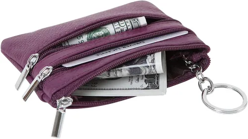 Vista 4 de Monedero de cuero auténtico para mujer, con llavero