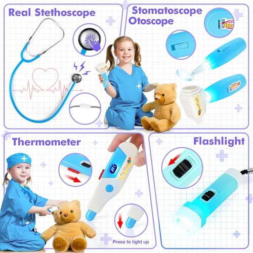 Vista 2 de IVENRXIU Kit de médico para niños, 17 piezas de juego médico con bolsa y disfraz para niños pequeños de 3 a 5 años, juguetes de juego de simulación