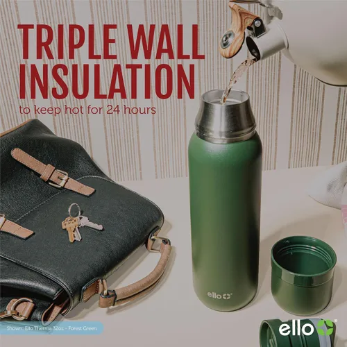 Vista 6 de Ello Therma - Termo aislado de acero inoxidable de 32 onzas para bebidas calientes y frías, con tapa a prueba de fugas y taza integrada, aislamiento