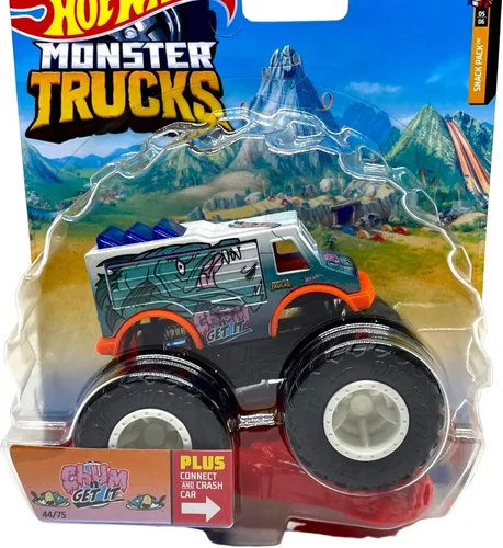Vista 2 de Monster Trucks Snack Pack Chum N Get It con Connect and Crash Car 44/75 (camión fundido a presión a escala 1:64)