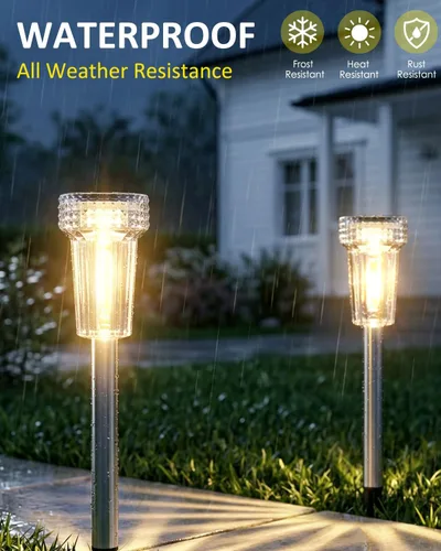 Vista 5 de DERAYSION Luces solares para exteriores, paquete de 8 luces impermeables para caminos de jardín, iluminación con poste de acero inoxidable