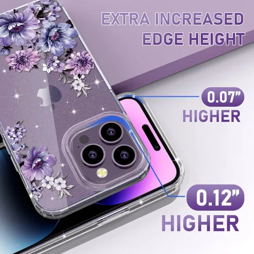 Vista 4 de OKP Funda 3 en 1 para iPhone 14 Pro Max, con protector de pantalla/protector de lente de cámara, bonito patrón floral, transparente, brillante