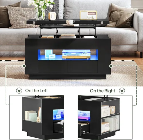 Vista 5 de CHOEZON Mesa auxiliar elevable de 40 pulgadas con 2 cajones, luces LED y almacenamiento, mesa central multiusos 4 en 1 con base flotante, para sala