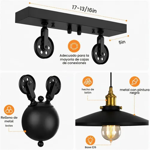 Vista 3 de WINSOON Lámpara de 3 cabezas con diseño de poleas creativo, hierro pintado de negro, luz para isla, bar, colgante retro