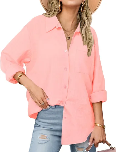 Vista 21 de Zeagoo - Blusas de lino con botones para mujer, de gasa, algodón, manga larga, blusas informales con cuello, corte holgado