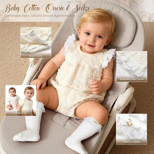 Vista 3 de Golray Cesta de regalo de madera para bebés, niñas recién nacidas, juego de tela con mameluco/zapatos suaves/calcetines/manta/babero/diadema/hito