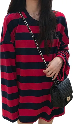 Vista 4 de Camiseta Harajuku de gran tamaño a rayas de manga larga con cuello redondo para mujer NegroGris