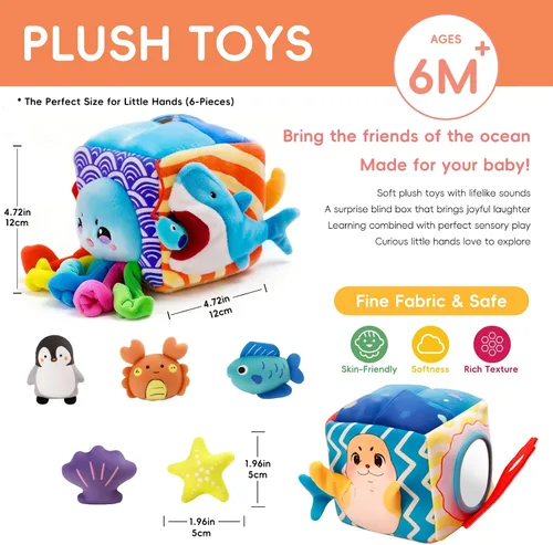 Vista 5 de SAIMAND Juguetes para bebés de 6 a 12 meses – Caja suave misteriosa con 5 animales marinos de peluche, sonajero, papel crujiente y espejo – Juguetes