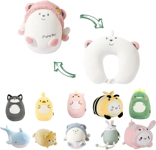 Vista 16 de Almohada de viaje para niños, almohada de cuello deformable 2 en 1 para niños, almohada suave en forma de U con adorable diseño de animales, cómodo